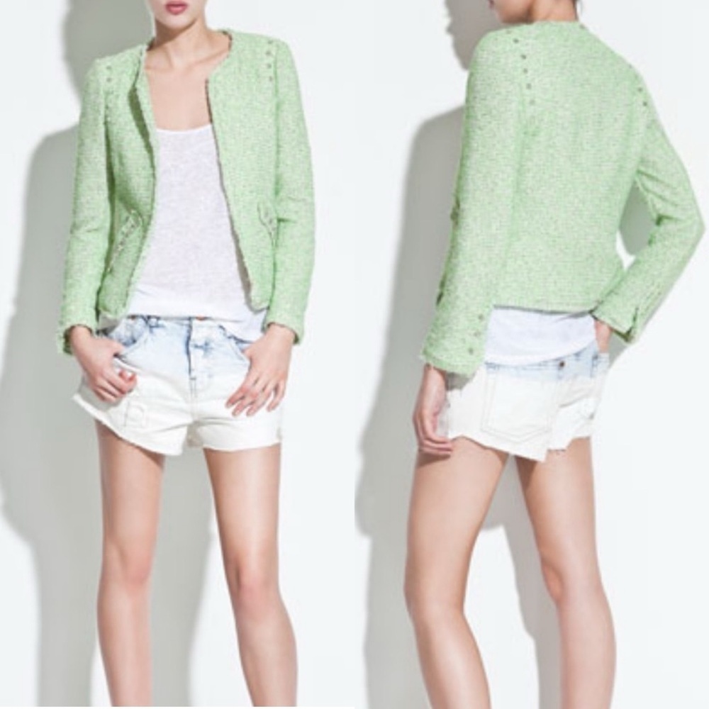 Zara Trafaluc Heather Green Tweed Blazer Studded Textured Boucle Jacket M Frayed